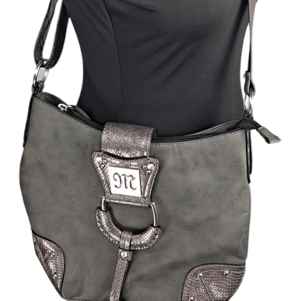 MISS ME Gray Crossbody Faux Snake Skin Handbag Purse Large Buckle Studded.